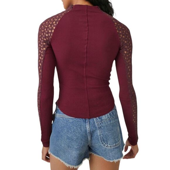 Free People Shirt Womens XS Clementine Ribbed Mixed Media Burgundy Top - Picture 3 of 8
